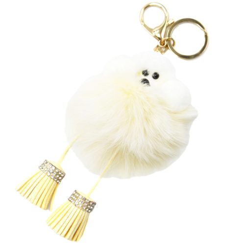 Porte-Cles-Bijou-de-Sac-Caniche-Effet-Laine-avec-Pompon-et-Franges-Ecru