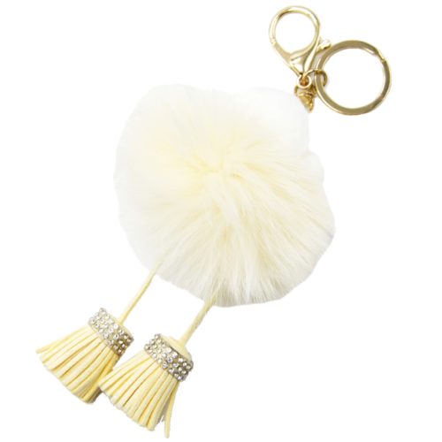 Porte-Cles-Bijou-de-Sac-Caniche-Effet-Laine-avec-Pompon-et-Franges-Ecru