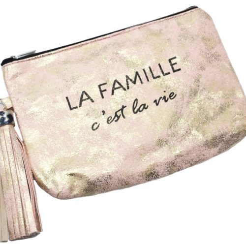 Trousse-Pochette-Effet-Brillant-Message-La-Famille-cest-la-vie-Pompon-Rose