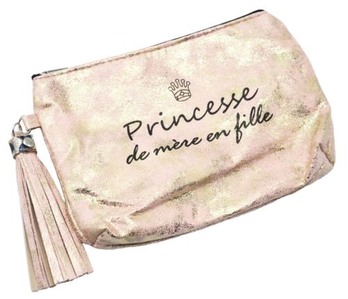 Trousse-Pochette-Effet-Brillant-Message-Princesse-de-mere-en-fille-Pompon-Rose