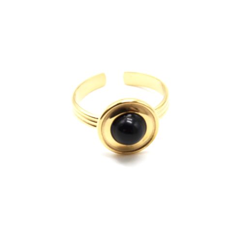 Bague-Anneau-Bandes-avec-Cercle-Acier-Dore-et-Pierre-Noire