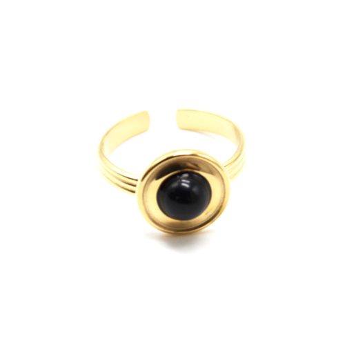 Bague-Anneau-Bandes-avec-Cercle-Acier-Dore-et-Pierre-Noire