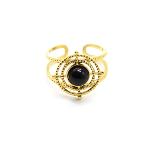 Bague-Large-avec-Cible-Ajouree-Points-Acier-Dore-et-Pierre-Noire