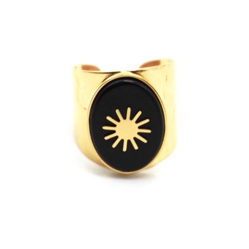 Bague-Manchette-Martelee-avec-Pierre-Ovale-Noire-et-Soleil-Acier-Dore