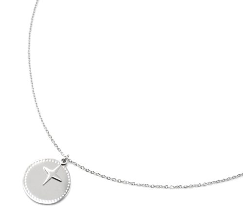 Collier-Pendentif-Medaille-Contour-Points-et-Etoile-Polaire-Acier-Argente