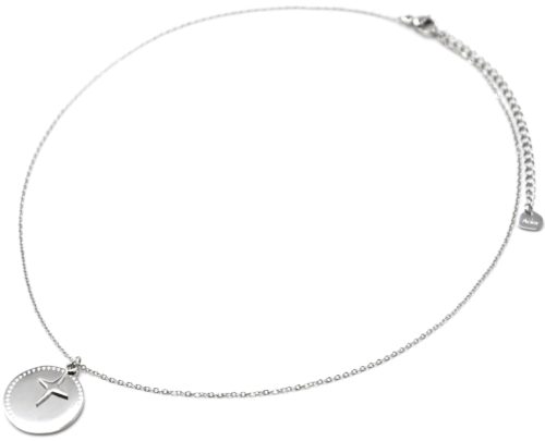 Collier-Pendentif-Medaille-Contour-Points-et-Etoile-Polaire-Acier-Argente