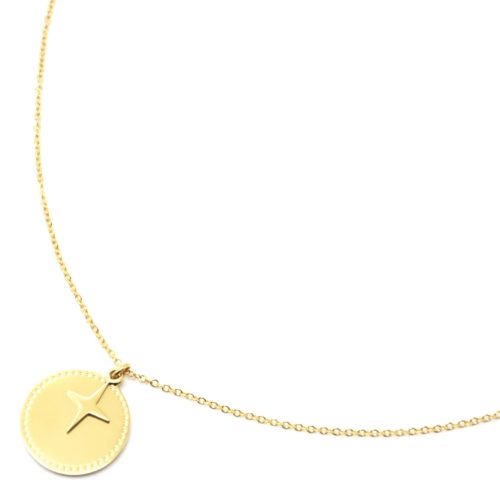 Collier-Pendentif-Medaille-Contour-Points-et-Etoile-Polaire-Acier-Dore