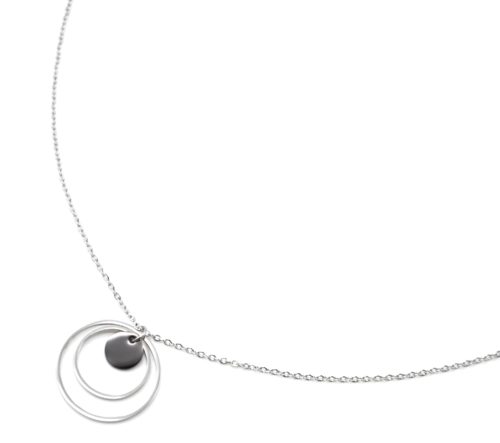 Collier-Pendentif-Double-Cercles-Acier-Argente-et-Pampille-Resine-Noire