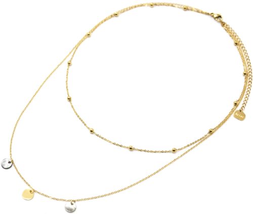 Collier-Double-Chaines-avec-Billes-Pampilles-Acier-Dore-et-Nacre