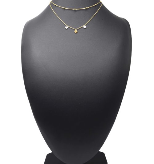 Collier-Double-Chaines-avec-Billes-Pampilles-Acier-Dore-et-Nacre