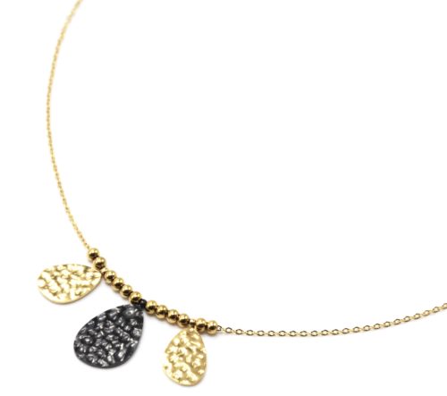 Collier-Pendentif-Billes-et-Triple-Gouttes-Martelees-Acier-Dore-Noir