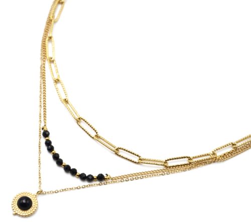 Collier-Triple-Chaines-Maillons-Perles-et-Pierre-Noire-Contour-Acier-Dore