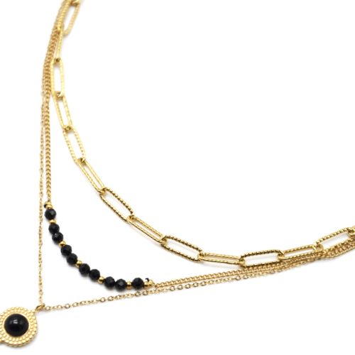 Collier-Triple-Chaines-Maillons-Perles-et-Pierre-Noire-Contour-Acier-Dore