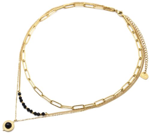 Collier-Triple-Chaines-Maillons-Perles-et-Pierre-Noire-Contour-Acier-Dore