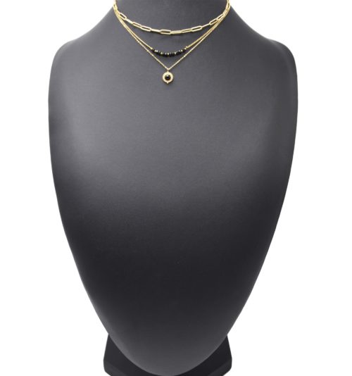 Collier-Triple-Chaines-Maillons-Perles-et-Pierre-Noire-Contour-Acier-Dore