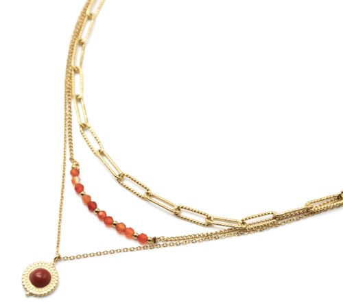 Collier-Triple-Chaines-Maillons-Perles-et-Pierre-Orange-Contour-Acier-Dore