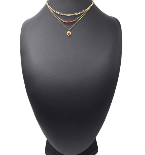 Collier-Triple-Chaines-Maillons-Perles-et-Pierre-Orange-Contour-Acier-Dore