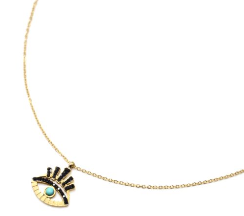 Collier-Pendentif-Oeil-Ajoure-Acier-Dore-Cils-Strass-Noir-et-Pierre-Turquoise