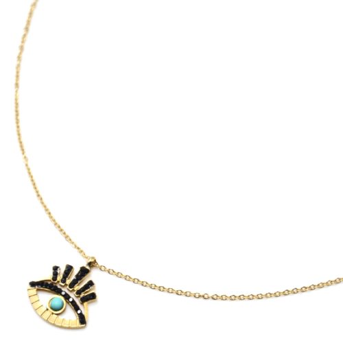 Collier-Pendentif-Oeil-Ajoure-Acier-Dore-Cils-Strass-Noir-et-Pierre-Turquoise