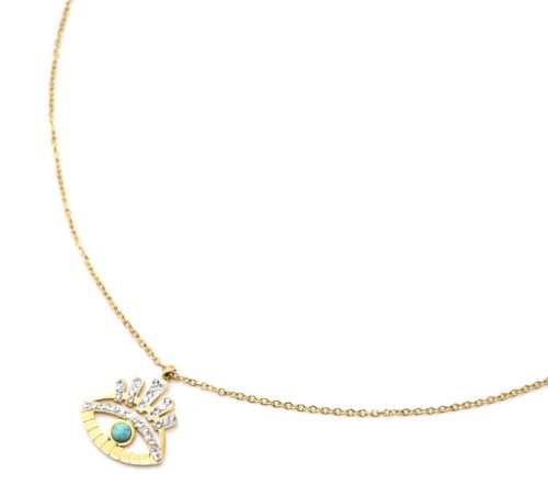 Collier-Pendentif-Oeil-Ajoure-Acier-Dore-Cils-Strass-Blanc-et-Pierre-Turquoise