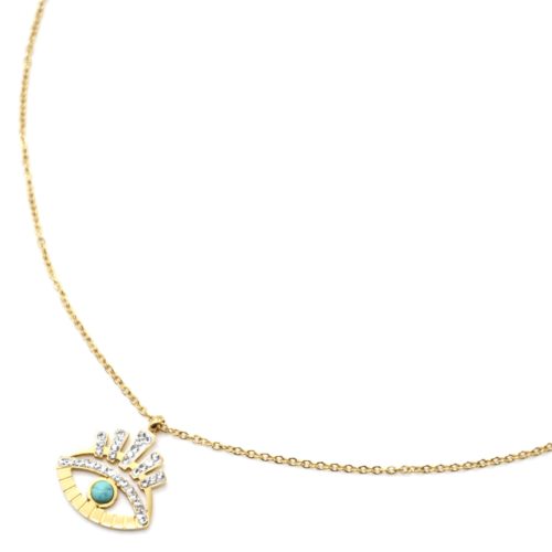 Collier-Pendentif-Oeil-Ajoure-Acier-Dore-Cils-Strass-Blanc-et-Pierre-Turquoise