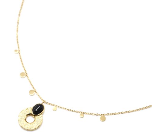 Collier-Pendentif-Medaille-Ajouree-Martelee-Acier-Dore-Pierre-Noire-et-Mini-Pampilles