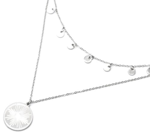 Collier-Double-Chaines-avec-Pampilles-et-Medaille-Motif-Soleil-Acier-Argente