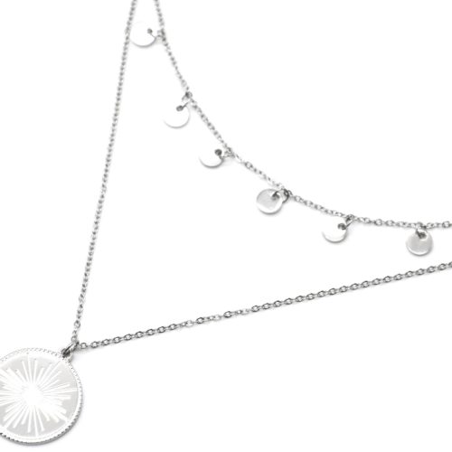 Collier-Double-Chaines-avec-Pampilles-et-Medaille-Motif-Soleil-Acier-Argente