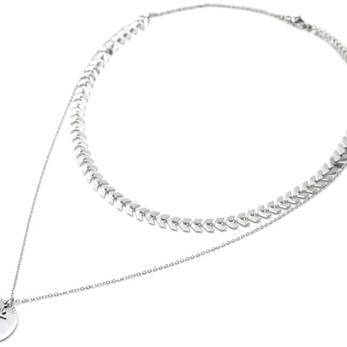 Collier-Double-Chaines-avec-Chevrons-Medaille-Acier-Argente-et-Etoile-Polaire