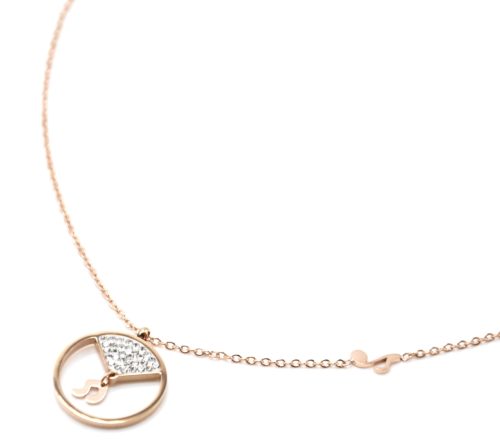 Collier-Fine-Chaine-Pendentif-Cercle-Acier-Or-Rose-Strass-et-Notes-Musique