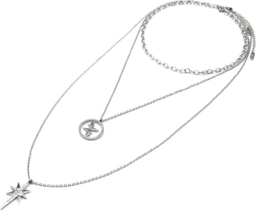 Sautoir-Collier-Triple-Chaines-Acier-Argente-avec-Cercle-Battements-et-Etoile-Strass