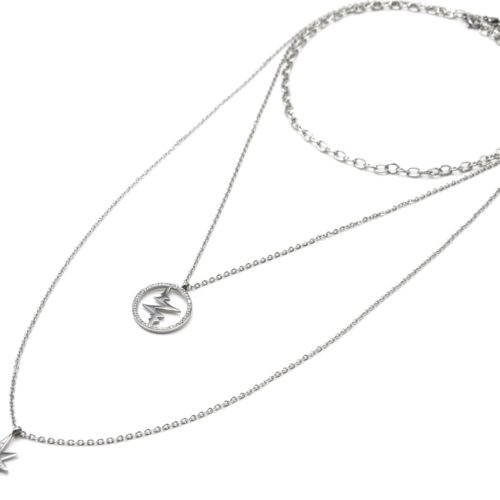 Sautoir-Collier-Triple-Chaines-Acier-Argente-avec-Cercle-Battements-et-Etoile-Strass