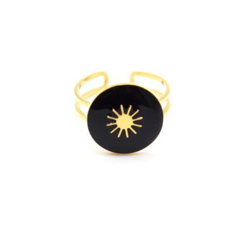 Bague-Anneau-Ajoure-avec-Medaille-Resine-Noire-et-Soleil-Acier-Dore