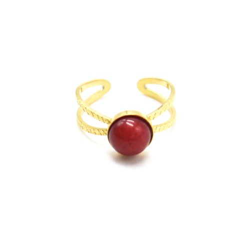 Bague-Anneau-Ajoure-Motif-Raye-Acier-Dore-et-Pierre-Ronde-Rouge