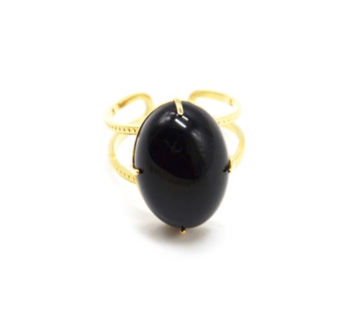 Bague-Anneau-Ajoure-Motif-Points-Acier-Dore-et-Pierre-Ovale-Resine-Noire