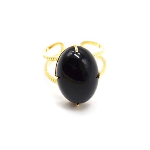 Bague-Anneau-Ajoure-Motif-Points-Acier-Dore-et-Pierre-Ovale-Resine-Noire