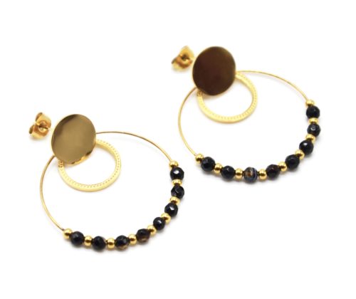 Boucles-dOreilles-Medaille-Cercles-Acier-Dore-avec-Billes-et-Pierres-Noires