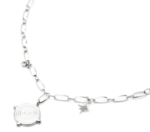 Collier-Chaine-Maillons-avec-Medaille-Points-et-Etoile-Acier-Argente