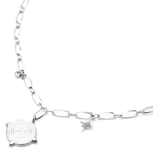 Collier-Chaine-Maillons-avec-Medaille-Points-et-Etoile-Acier-Argente