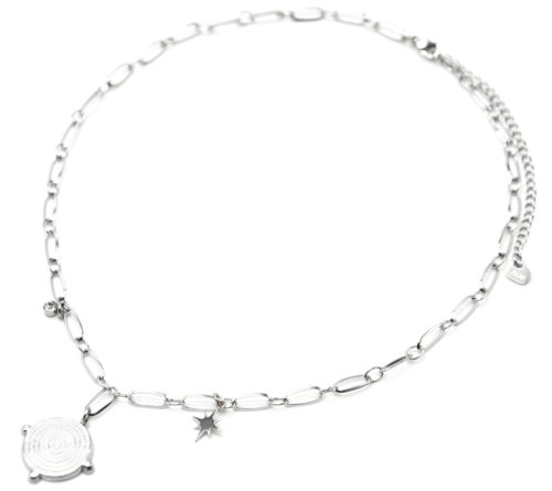 Collier-Chaine-Maillons-avec-Medaille-Points-et-Etoile-Acier-Argente