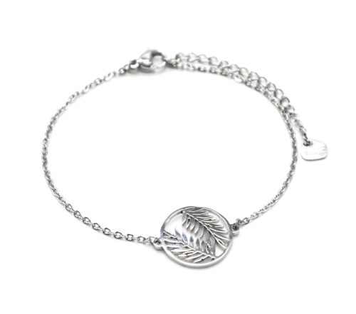 Bracelet-Fine-Chaine-avec-Cercle-Ajoure-Feuilles-Acier-Argente