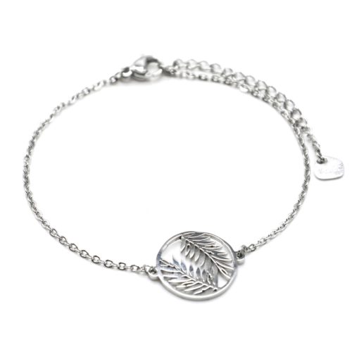 Bracelet-Fine-Chaine-avec-Cercle-Ajoure-Feuilles-Acier-Argente