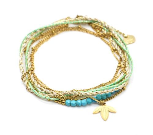Bracelet-Multi-Rangs-Cordons-Chaines-avec-Feuilles-Acier-Dore-et-Perles-Turquoise