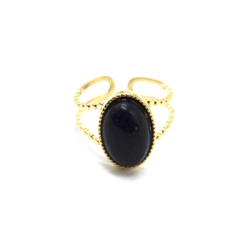 Bague-Large-Ajouree-avec-Pierre-Ovale-Noire-et-Contour-Acier-Dore