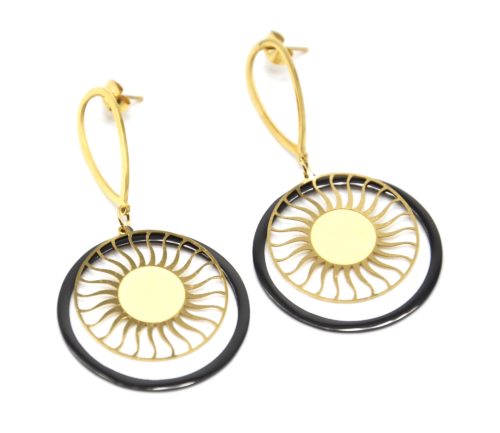 Boucles-dOreilles-Statement-Cercle-Noir-et-Soleil-Ajoure-Acier-Dore