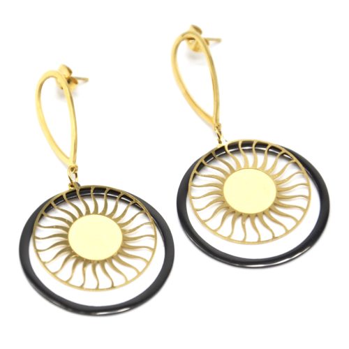 Boucles-dOreilles-Statement-Cercle-Noir-et-Soleil-Ajoure-Acier-Dore