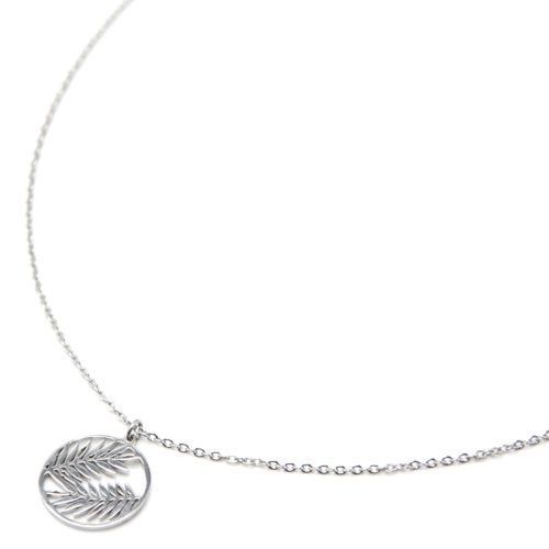 Collier-Fine-Chaine-Pendentif-Cercle-Ajoure-Feuilles-Acier-Argente