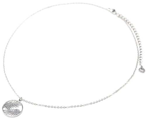 Collier-Fine-Chaine-Pendentif-Cercle-Ajoure-Feuilles-Acier-Argente