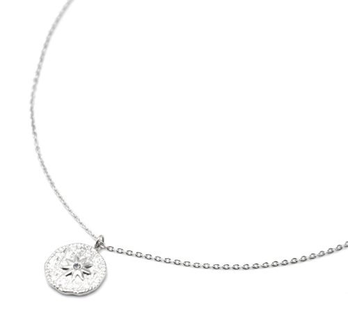 Collier-Pendentif-Medaille-Martelee-Soleil-Acier-Argente-et-Strass