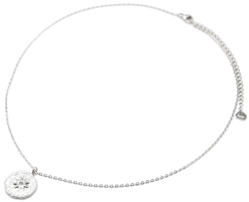 Collier-Pendentif-Medaille-Martelee-Soleil-Acier-Argente-et-Strass